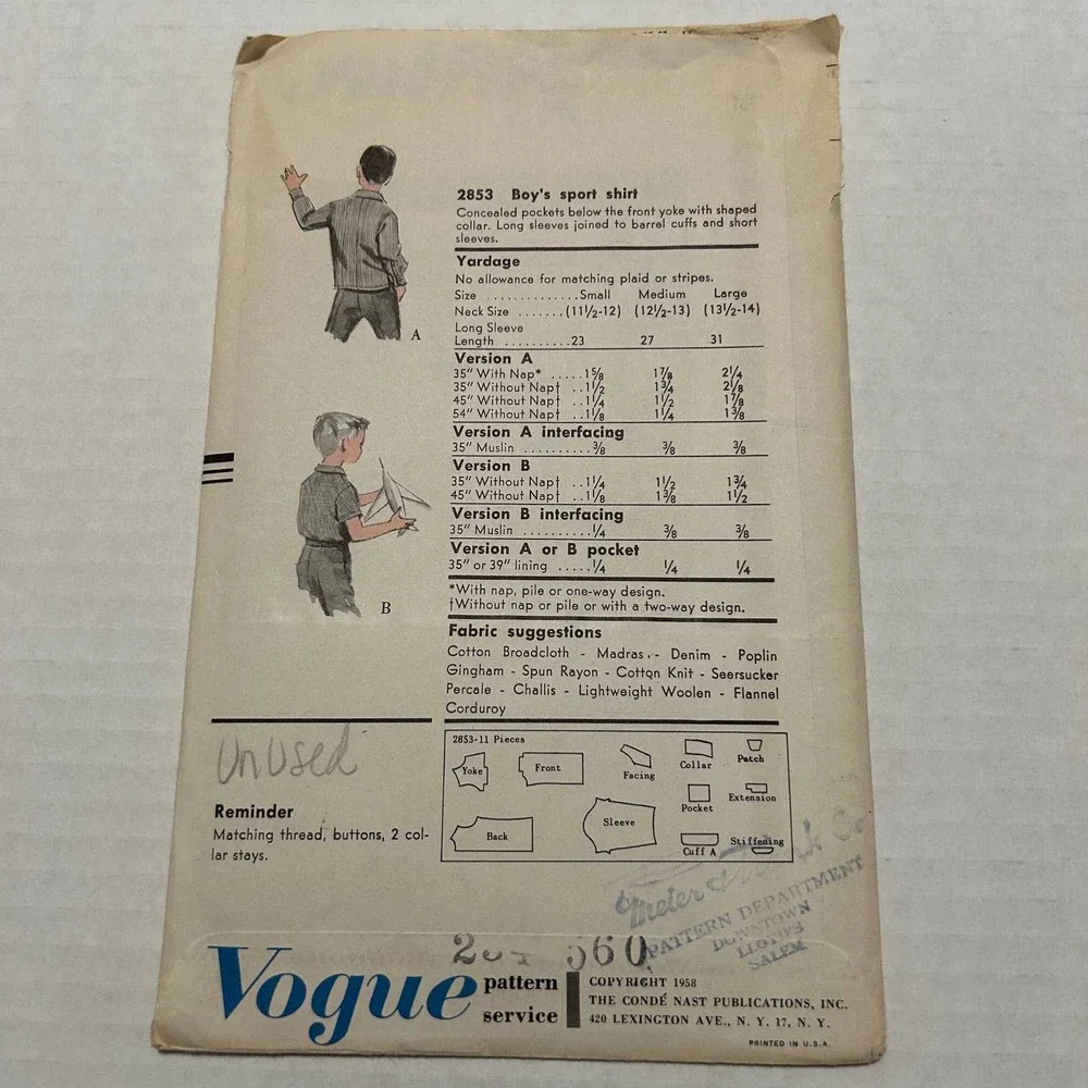Vogue Vintage 1950's Pattern #2853 Boys‎ Sport Shirts Size Medium Neck 12.5-13